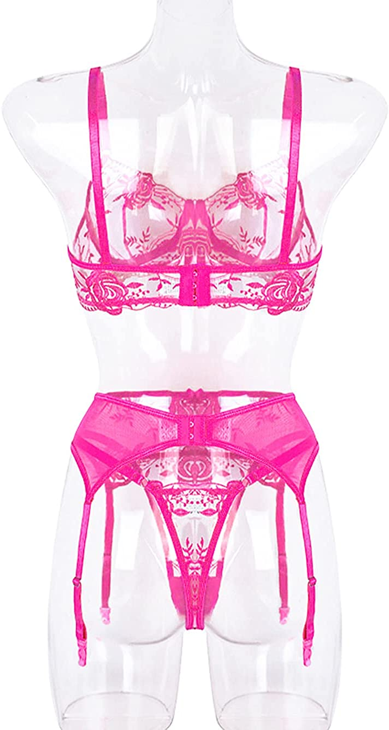 Kaei&Shi Floral Embroidered Mesh Sheer,Underwire Satin Bow,High Cut Thong,Belt Garter Lingerie Apparel & Accessories > Clothing > Underwear & Socks > Lingerie Kaei&Shi