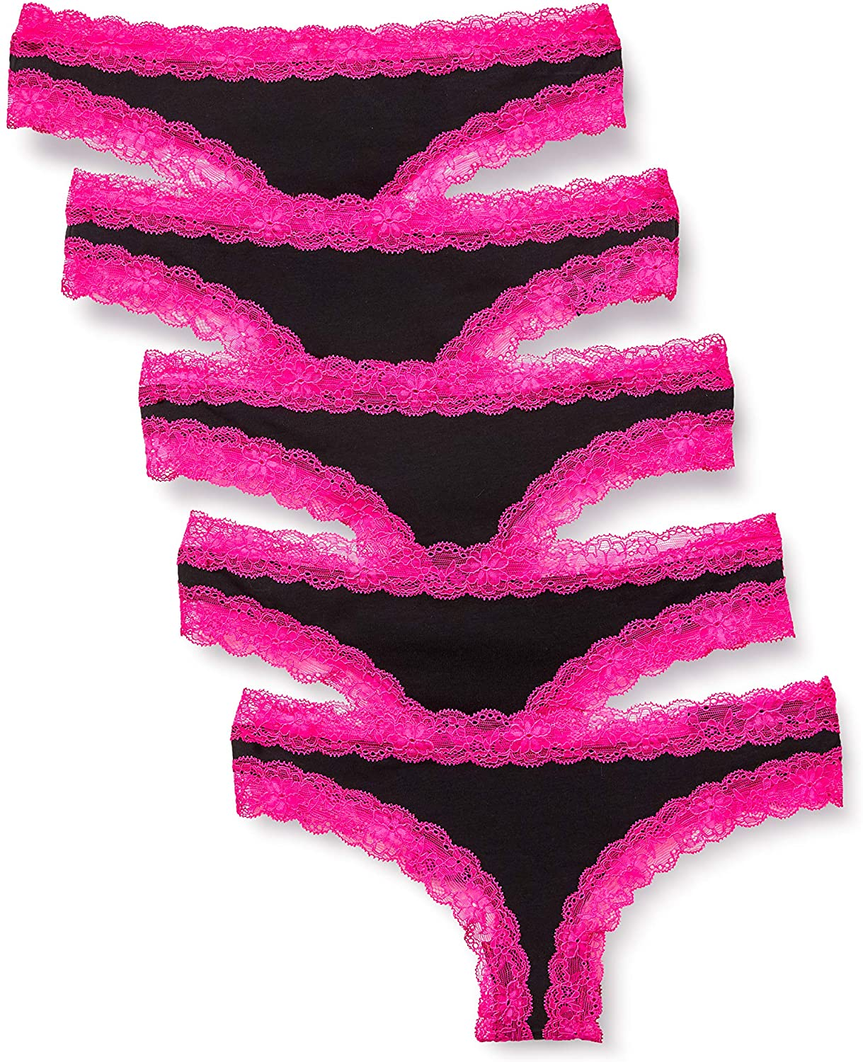 Iris & Lilly Women'S Cotton and Lace Thong Underwear, Pack of 5 Apparel & Accessories > Clothing > Underwear & Socks > Underwear Iris & Lilly Black/Hot Pink XX-Small
