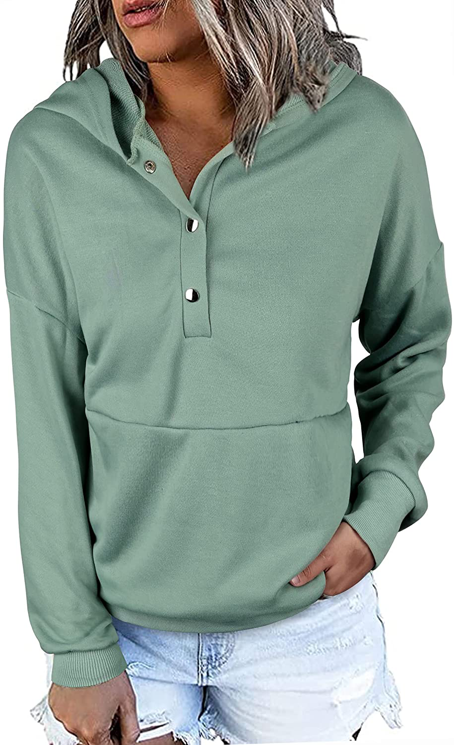 KIRUNDO Women'S Long Sleeve Casual Sweatshirts Women Hoodies Solid Color Button Collar Fall Pullover Tops Apparel & Accessories > Clothing > Activewear Kylie Max