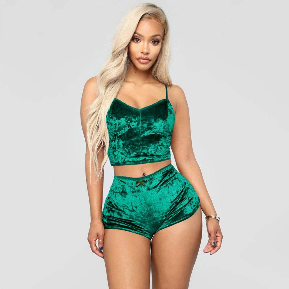 Women Sexy Velvet 2 Piece Outfit Spaghetti Strap Leopard Tie Dye Cami Crop Top + Shorts Bottom Sleepwear Pajama Set Nightwear Apparel & Accessories > Clothing > Sleepwear & Loungewear Kylie Max