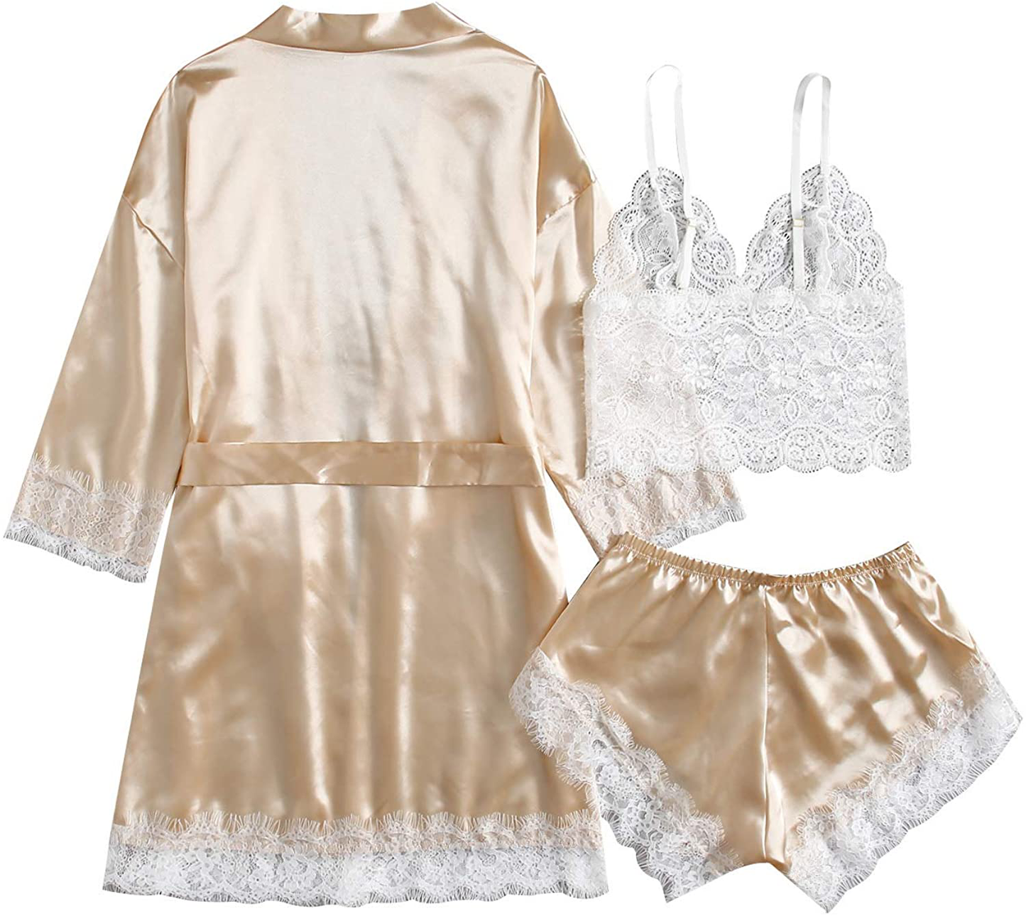 WDIRARA Women'S 3 Pcs Sleepwear Satin Floral Lace Cami Top Lingerie Pajama Set with Robe Apparel & Accessories > Clothing > Sleepwear & Loungewear Kylie Max