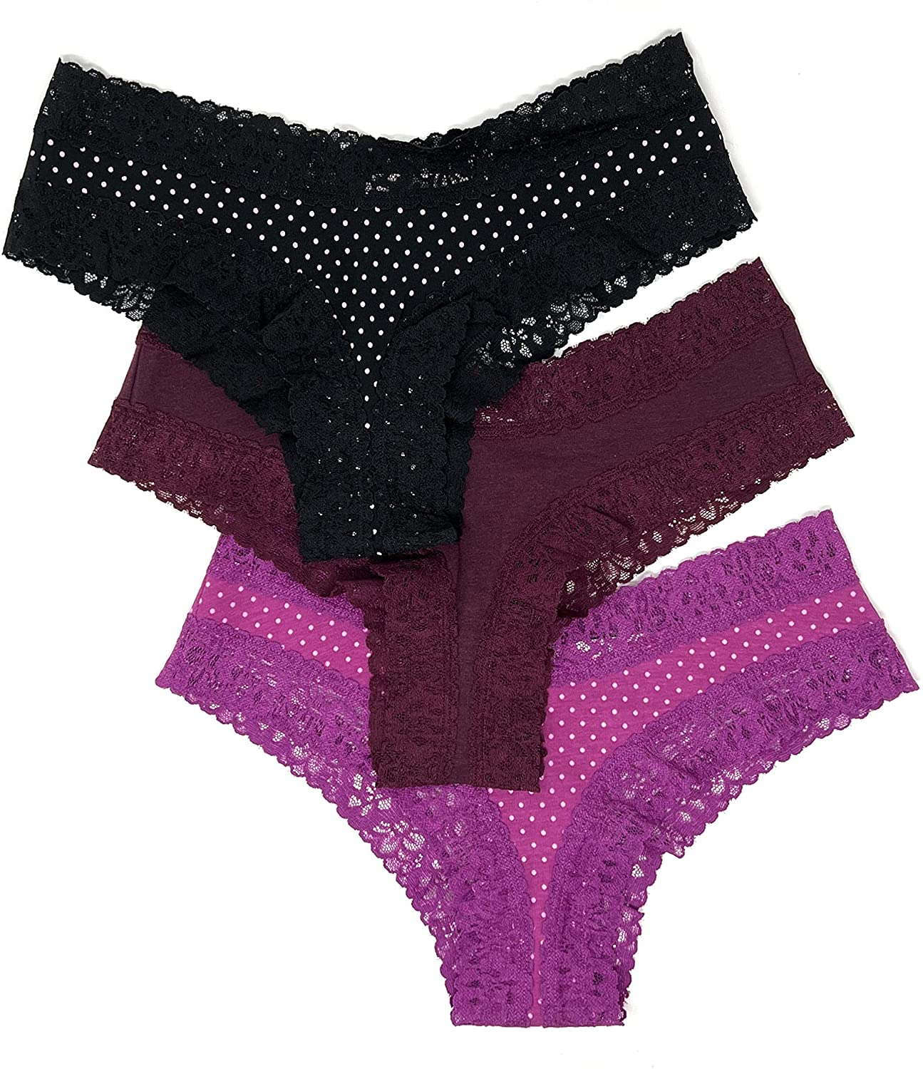 Victoria'S Secret Lace Cheeky Panty Set of 3 Apparel & Accessories > Clothing > Underwear & Socks > Underwear Victoria's Secret Black Mini Dot / Wine / Berry Mini Dot Medium
