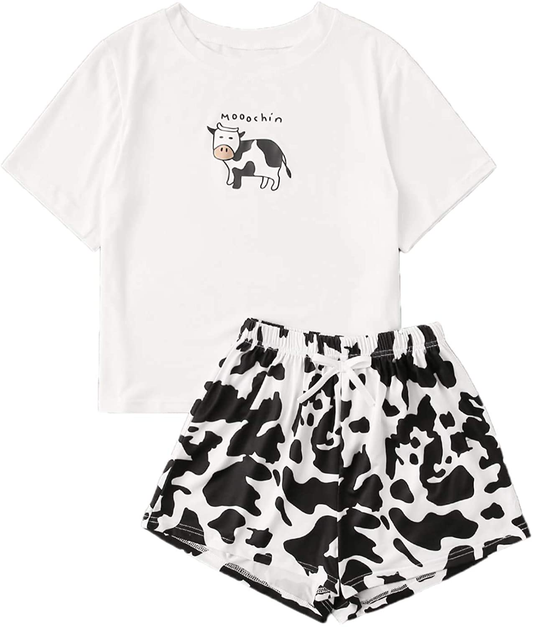 DIDK Women's Cute Cartoon Print Tee and Shorts Pajama Set Apparel & Accessories > Clothing > Sleepwear & Loungewear > Pajamas DIDK Black and White Small