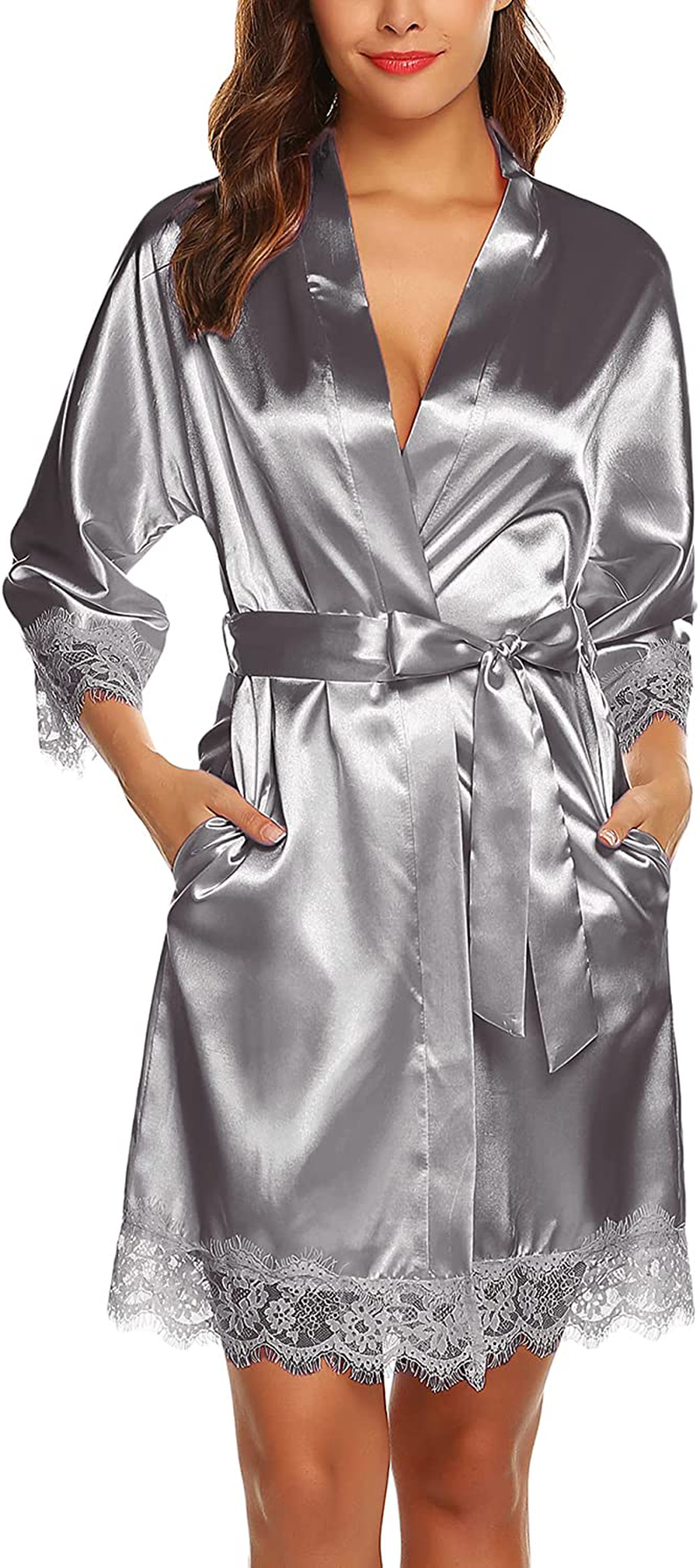 URRU Women'S Satin Silk Bathrobe Oblique V-Neck Short Kimono Robe Bridesmaids Robe S-XXXL Apparel & Accessories > Clothing > Sleepwear & Loungewear > Robes KYLIE MAX Dark Grey X-Small