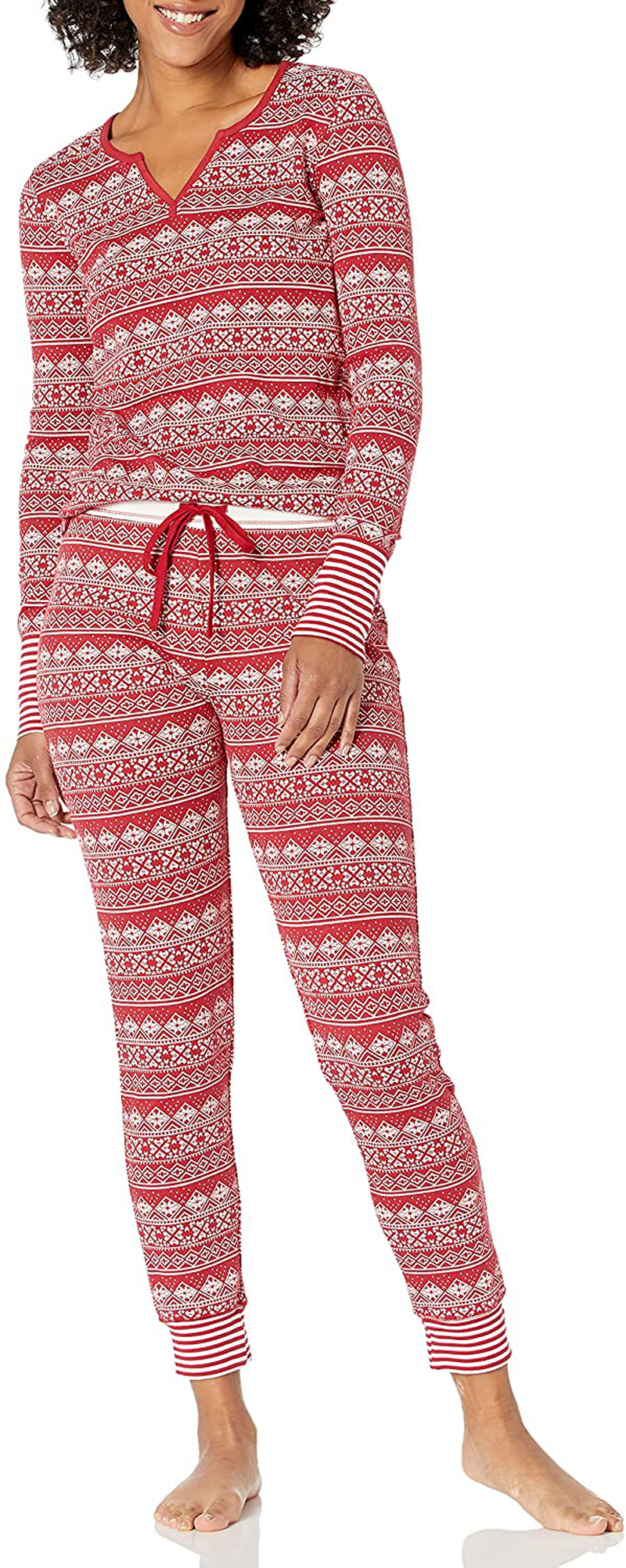 Mae Women's Vintage Thermal Henley Long Sleeve Top with Jogger Pajama Set Apparel & Accessories > Clothing > Sleepwear & Loungewear > Pajamas Mae Red Fair Isle Medium