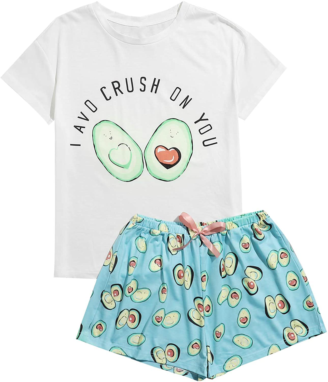 DIDK Women's Cute Cartoon Print Tee and Shorts Pajama Set Apparel & Accessories > Clothing > Sleepwear & Loungewear > Pajamas DIDK Avocado Blue Medium