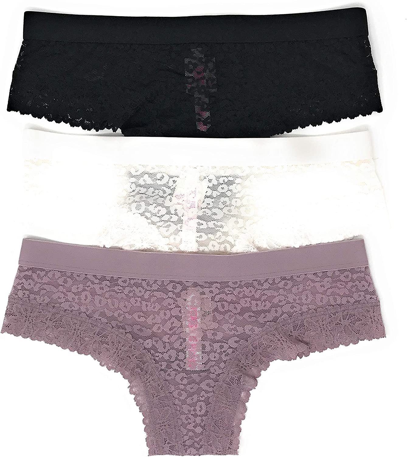 Victoria'S Secret Pink Cheekster Panty Set of 3  Victoria's Secret Lace Black / Cream / Mauve Medium