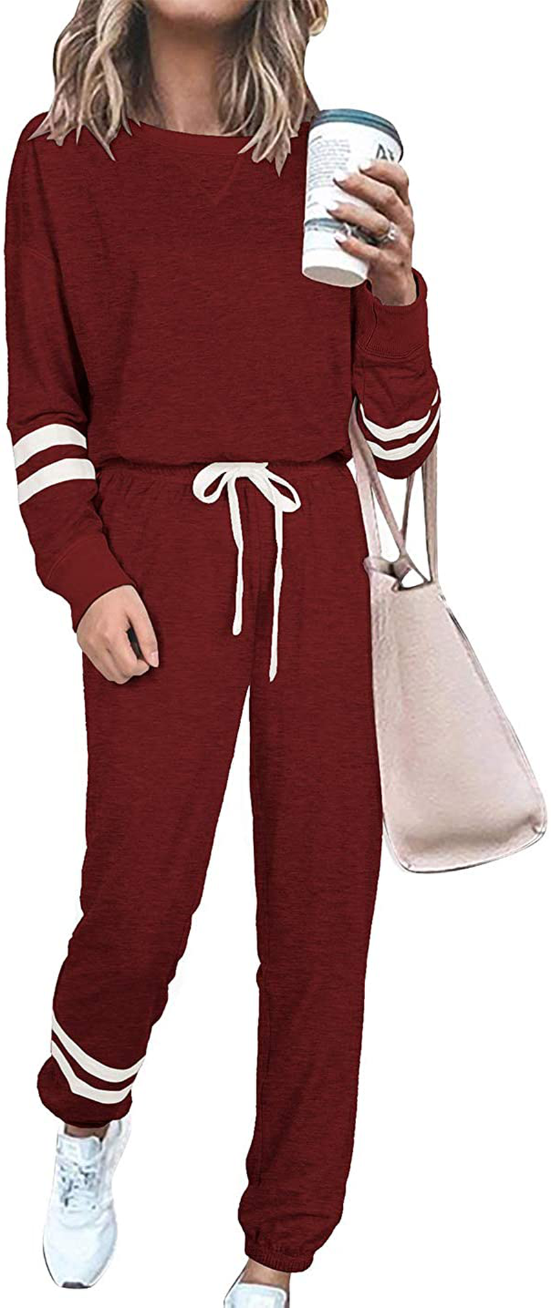 PRETTYGARDEN Women’s Tie Dye Two Piece Pajamas Set Long Sleeve Sweatshirt with Long Pants Sleepwear Apparel & Accessories > Clothing > Sleepwear & Loungewear > Pajamas PRETTYGARDEN Striped Wine Red Small