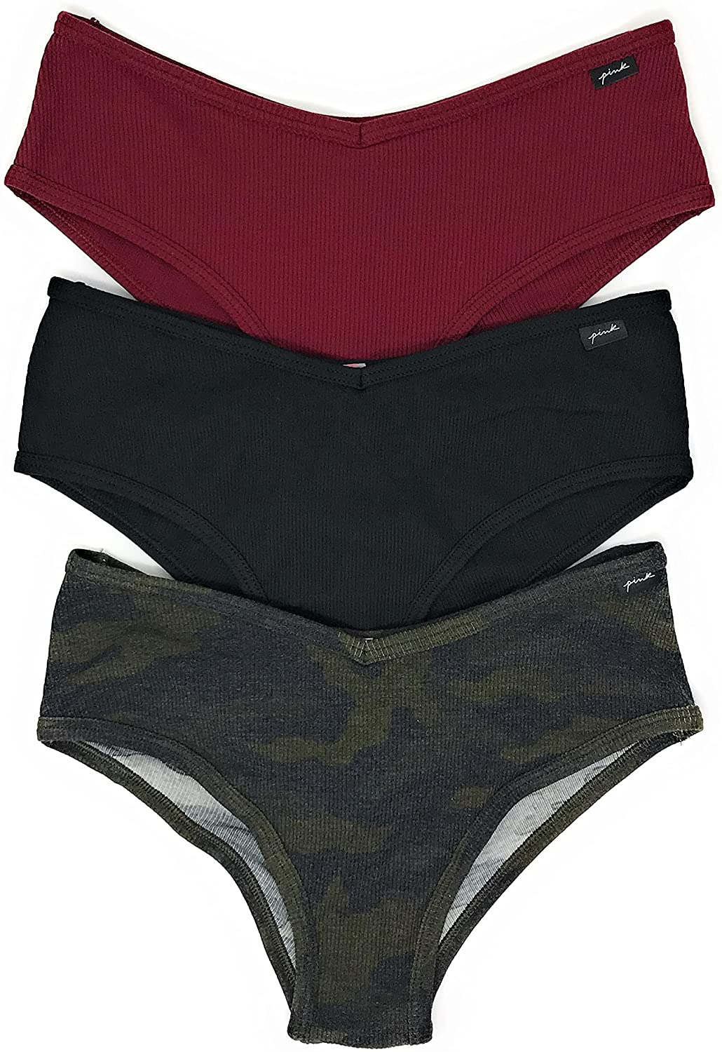 Victoria'S Secret Pink Cheekster Panty Set of 3  Victoria's Secret Ribbed Cranberry / Black / Camo X-Large