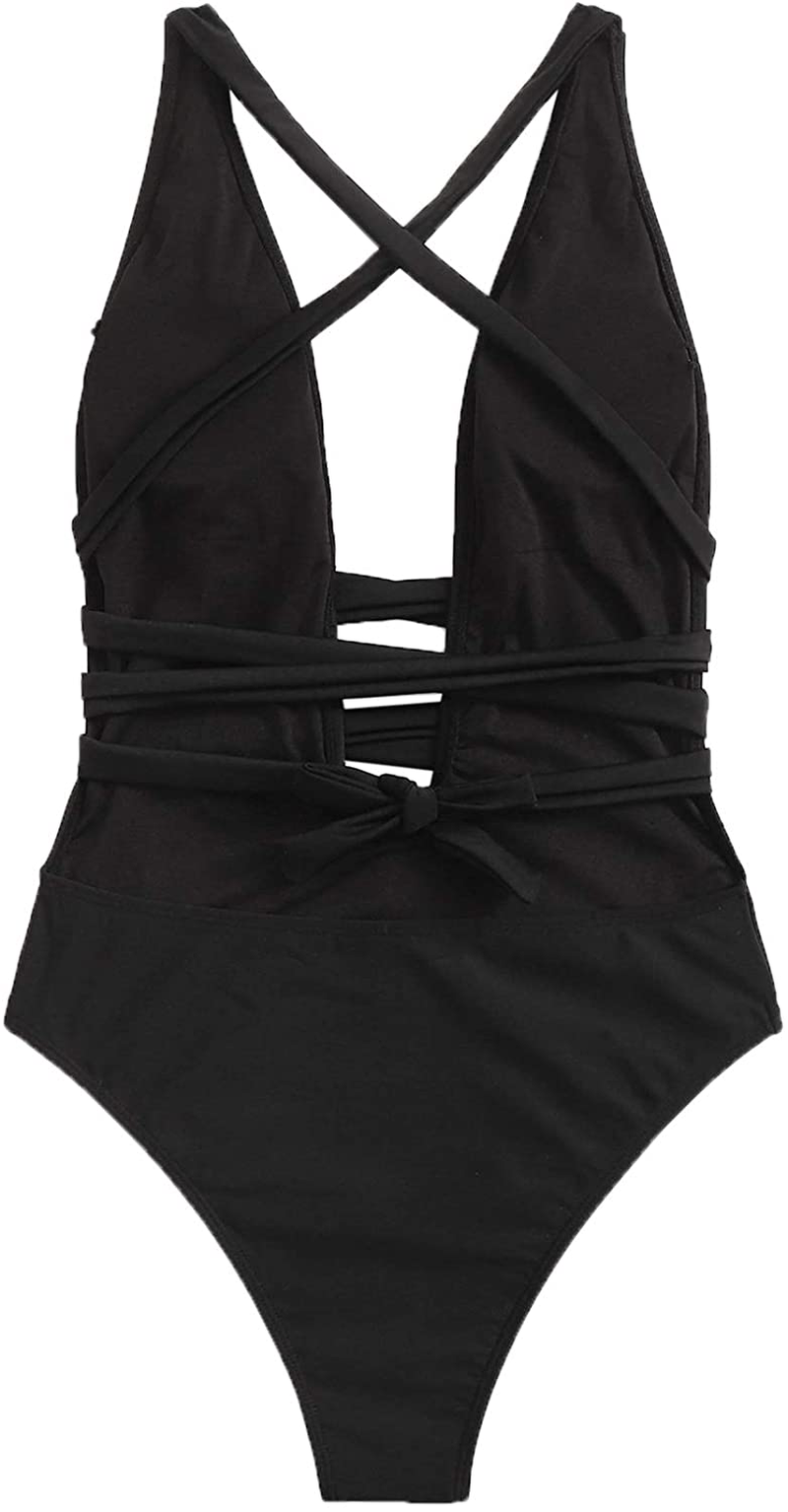 Sweatyrocks Women'S Sexy Basic Criss Cross Tie Knot Front Deep V Open Back One Piece Swimwear Apparel & Accessories > Clothing > Swimwear Kylie Max