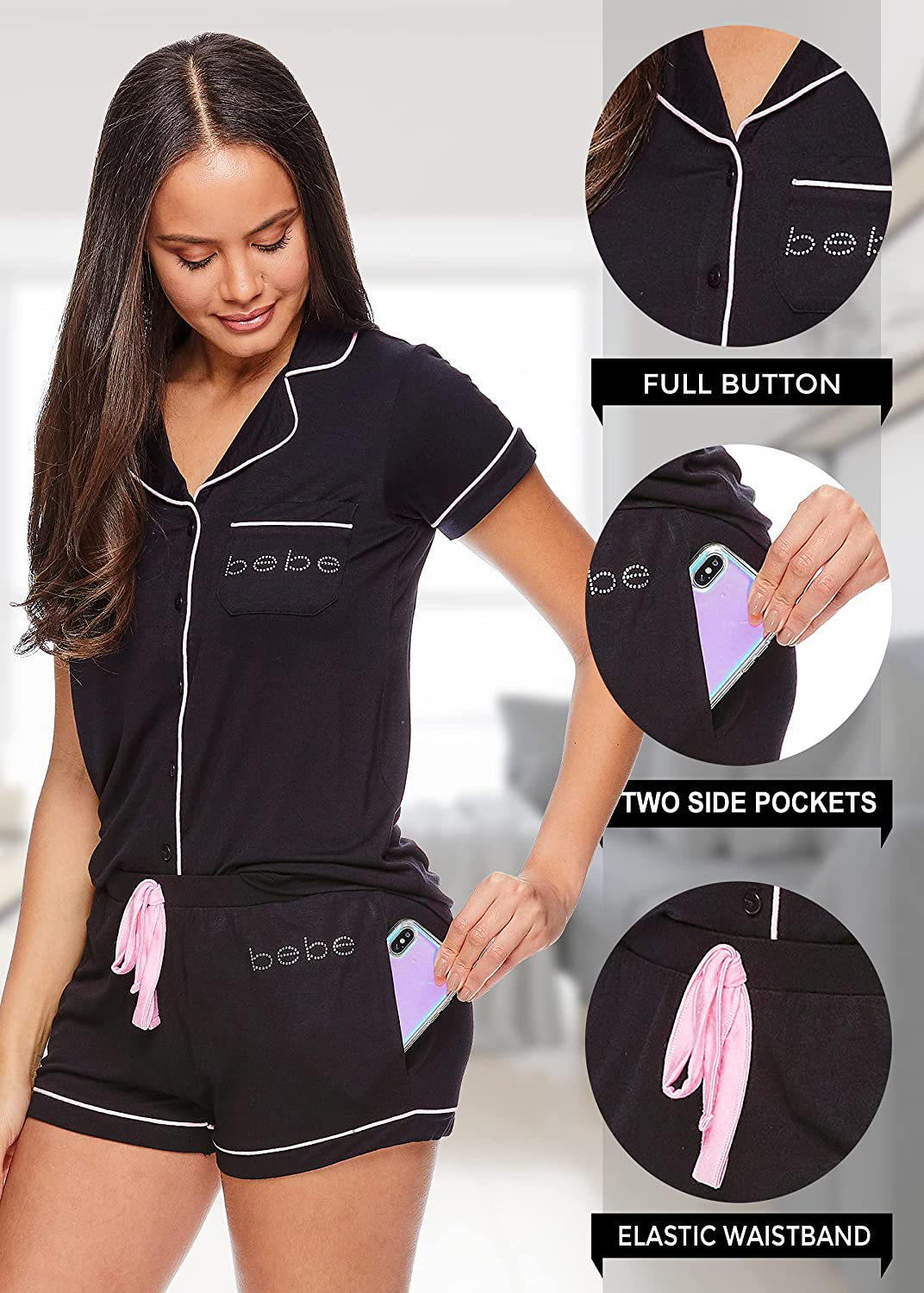 bebe Womens Pajama Sets Button Down Shirt and Shorts Sleepwear Lounge PJ Sets Apparel & Accessories > Clothing > Sleepwear & Loungewear > Pajamas bebe