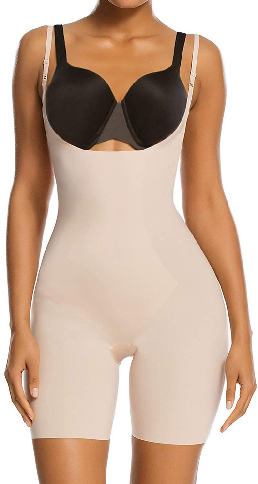 SHAPERX Tummy Control Shapewear for Women Seamless Fajas Bodysuit Open Bust Mid Thigh Body Shaper Shorts Apparel & Accessories > Clothing > Underwear & Socks > Shapewear SHAPERX Beige Large