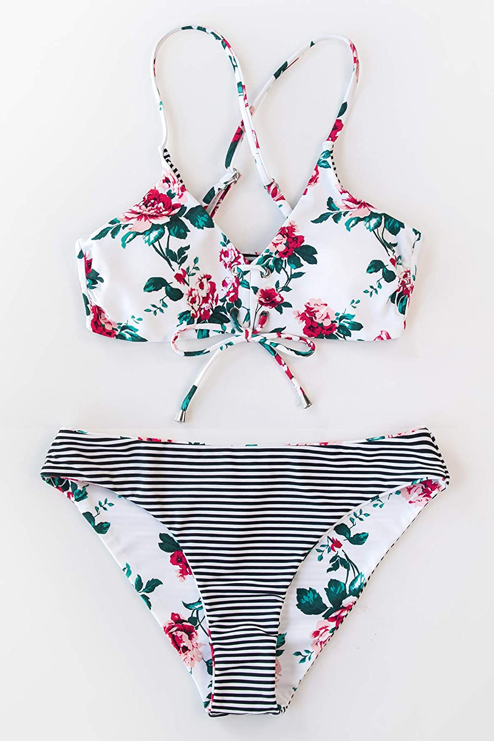 CUPSHE Women's Reversible Lace Up Bikini Sets Floral and Striped Apparel & Accessories > Clothing > Swimwear CUPSHE