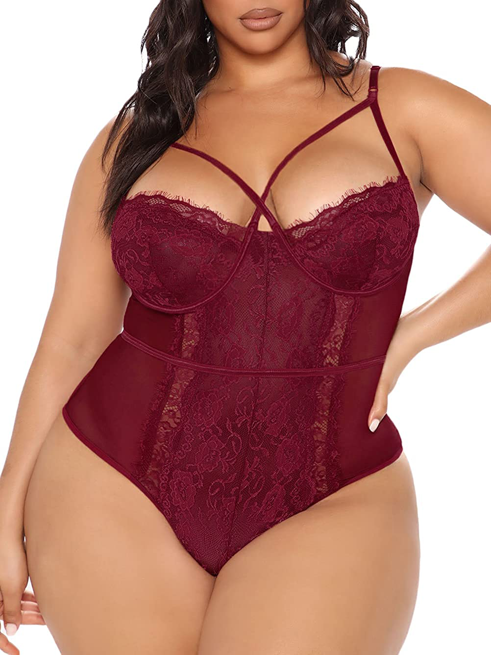 Kaei&Shi Plus Size Lingerie for Women,Sheer Lace Sexy V Neck Bodysuit,Eyelash One Piece Floral Teddy Valentine Apparel & Accessories > Clothing > Underwear & Socks > Lingerie Kaei&Shi Wine Red 3X-Large