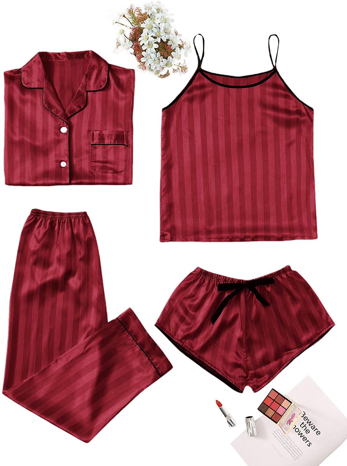 WDIRARA Women'S Silk Satin Pajama Set 4 Pieces Sleepwear Loungewear Pj Sets Apparel & Accessories > Clothing > Sleepwear & Loungewear Kylie Max