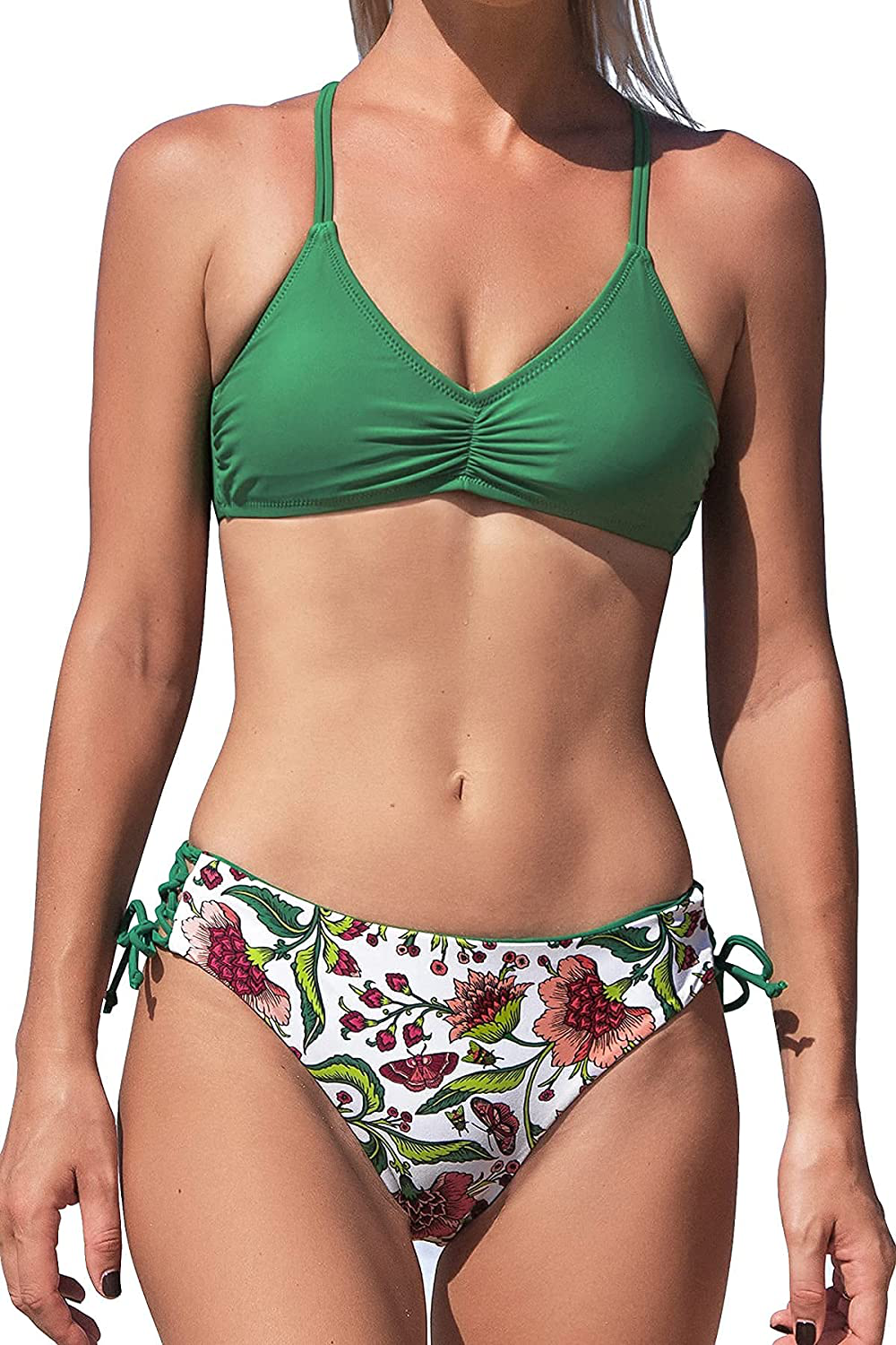 CUPSHE Women Back Braided Straps Bikini Sets Reversible Bottom Strappy Lace Up 2 Piece Swimsuits Apparel & Accessories > Clothing > Swimwear KYLIE MAX Green/Floral XX-Large