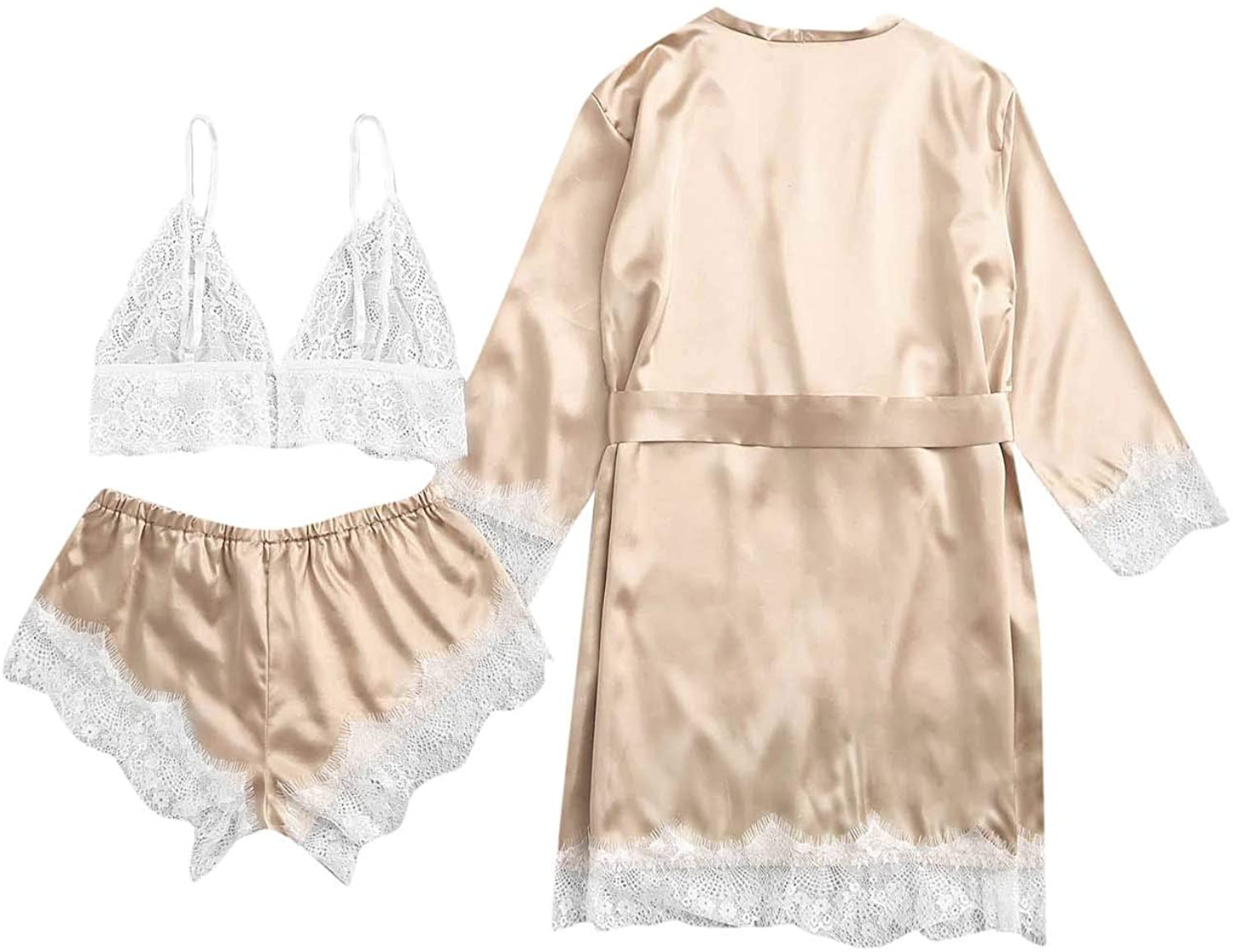 SOLY HUX Women'S Sleepwear 4Pcs Floral Lace Trim Satin Cami Pajama Set with Robe Apparel & Accessories > Clothing > Sleepwear & Loungewear Kylie Max