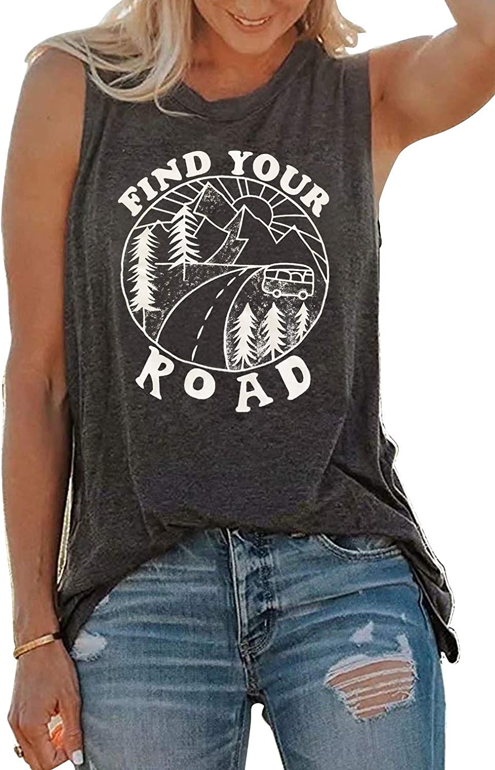 Umsuhu Find Your Road Shirts Tank Tops Women Sleeveless Summer Graphic Tank Tops Tee Shirts Apparel & Accessories > Clothing > Activewear Kylie Max