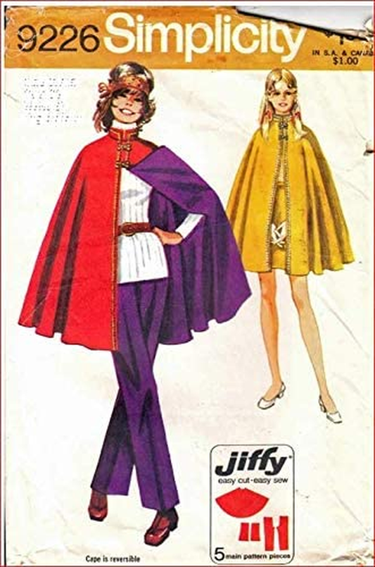 Simplicity 9226 Misses Simple Jiffy Reversible Mini-Cape, Mini-Skirt and Hip-Hugger Pants Vintage Sewing Pattern Apparel & Accessories > Clothing > Underwear & Socks > Underwear Simplicity
