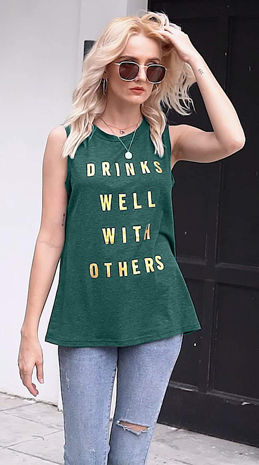 Drinks Well with Others Muscle Tank Tops Womens Funny Drinking Alcohol Sleeveless Letter Printed Graphic Tee Shirt Tops Apparel & Accessories > Clothing > Activewear Kylie Max