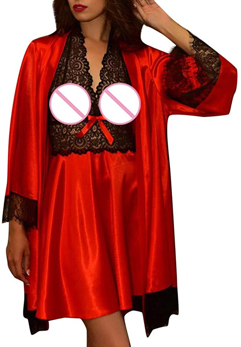Women Satin Sleepwear Kimono Robe Sexy Lace Bodysuit Babydoll Lingerie Nightdress Pajamas Set Apparel & Accessories > Clothing > Underwear & Socks > Lingerie MOOKO