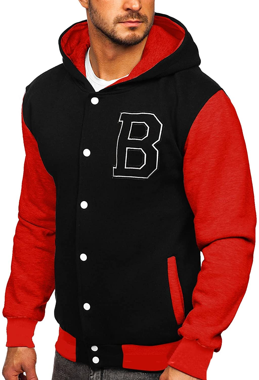 Merthy Mens Classic Varsity Baseball Jackets with Hood Casual Slim Fit Snap Buttons Cotton Uniform Bomber Jackets Coats Apparel & Accessories > Clothing > Underwear & Socks > Shapewear Merthy 02 Red XX-Large
