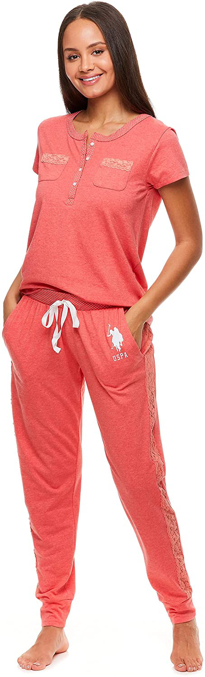 U.S. Polo Assn. Womens Pajama Set with Pockets - Short Sleeve Shirt and Pajama Pants Pj Set Apparel & Accessories > Clothing > Sleepwear & Loungewear > Pajamas U.S. Polo Assn. Georgia Peach Heather Large