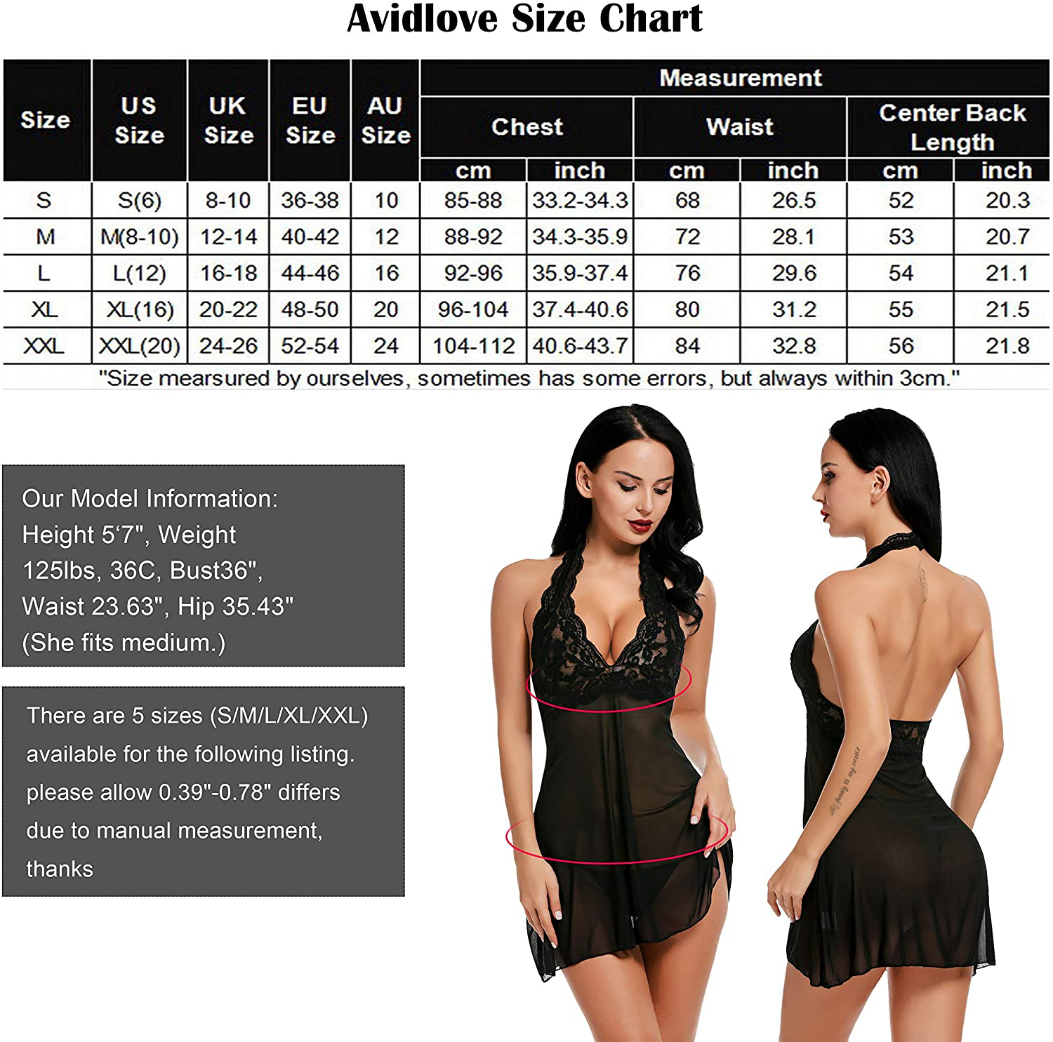 Avidlove Women Lingerie Halter Chemise Lace Babydoll Mesh Nightwear V Neck Teddy Apparel & Accessories > Clothing > Underwear & Socks > Lingerie Kylie Max