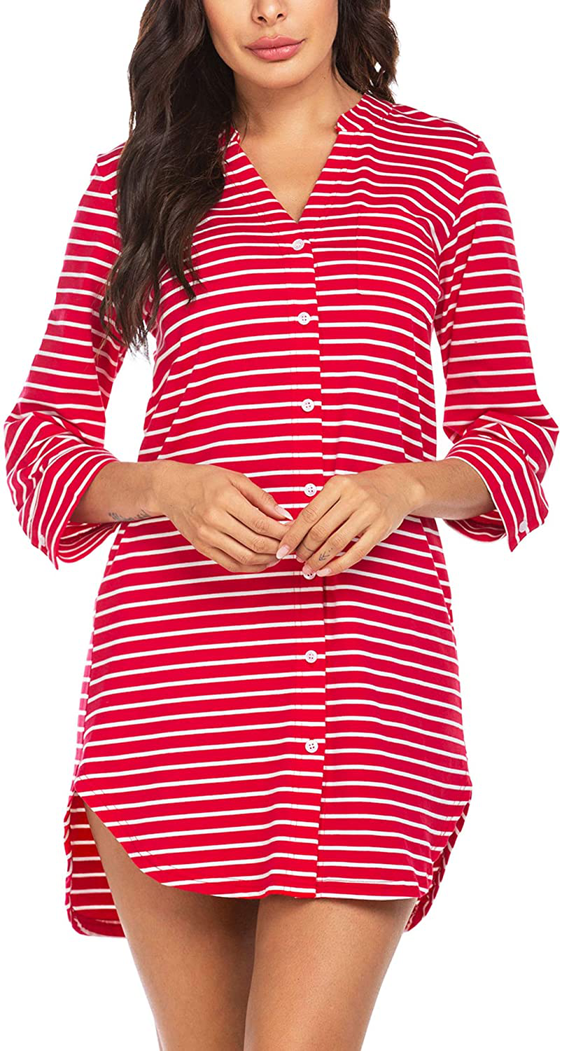 Ekouaer Women'S Nightgown Striped Sleepwear 3/4 Sleeves Nightshirts Soft Button Sleep Dress Apparel & Accessories > Clothing > Sleepwear & Loungewear > Nightgowns Kylie Max