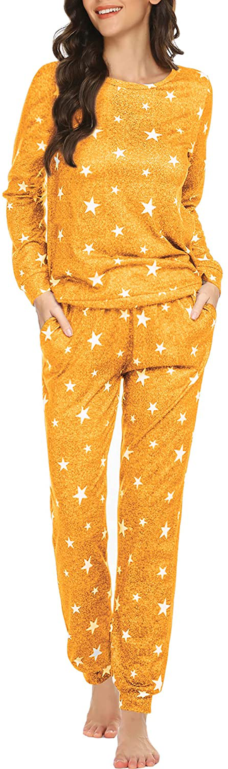 Ekouaer Womens Pajama Set Long Sleeve Sleepwear Star Print Nightwear Soft Pjs Lounge Sets with Pockets Apparel & Accessories > Clothing > Sleepwear & Loungewear > Pajamas Ekouaer A-yellow White Star XX-Large