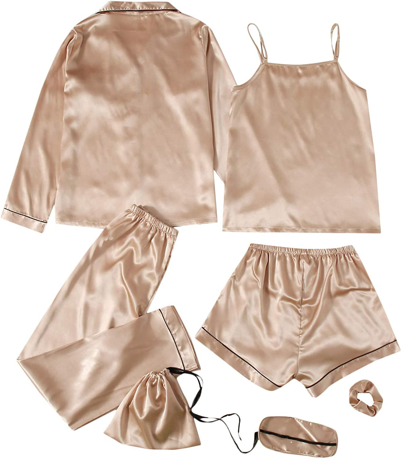 Shein Women'S 7Pcs Printed Cami and Shorts Satin Pajama Set with Shirt and Eye Mask Apparel & Accessories > Clothing > Sleepwear & Loungewear Kylie Max