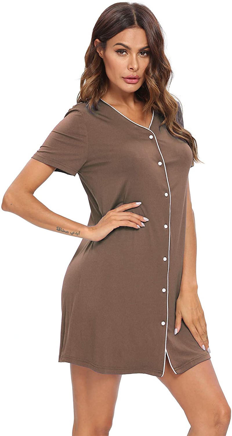 SWOMOG Women'S Button down Nightgown Short Sleeve Nightshirt V-Neck Sleepwear Boyfriend Sleepshirt Pajama Dress Apparel & Accessories > Clothing > Sleepwear & Loungewear > Nightgowns Kylie Max