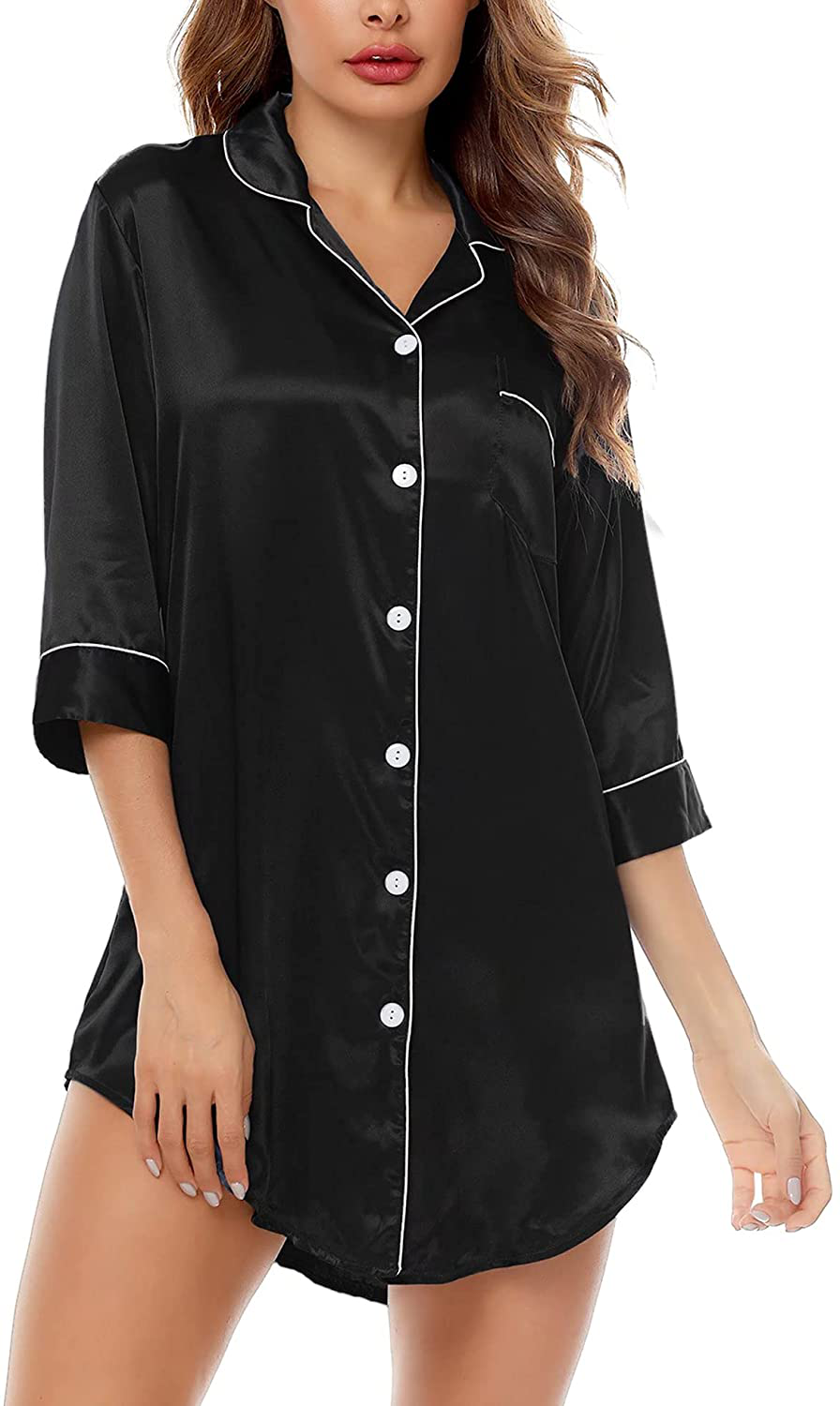 SWOMOG Women'S Satin Nightgown 3/4 Sleeve Sleepwear Button down Sleep Shirt Silk Nighty Pajama Top Apparel & Accessories > Clothing > Sleepwear & Loungewear > Nightgowns Kylie Max