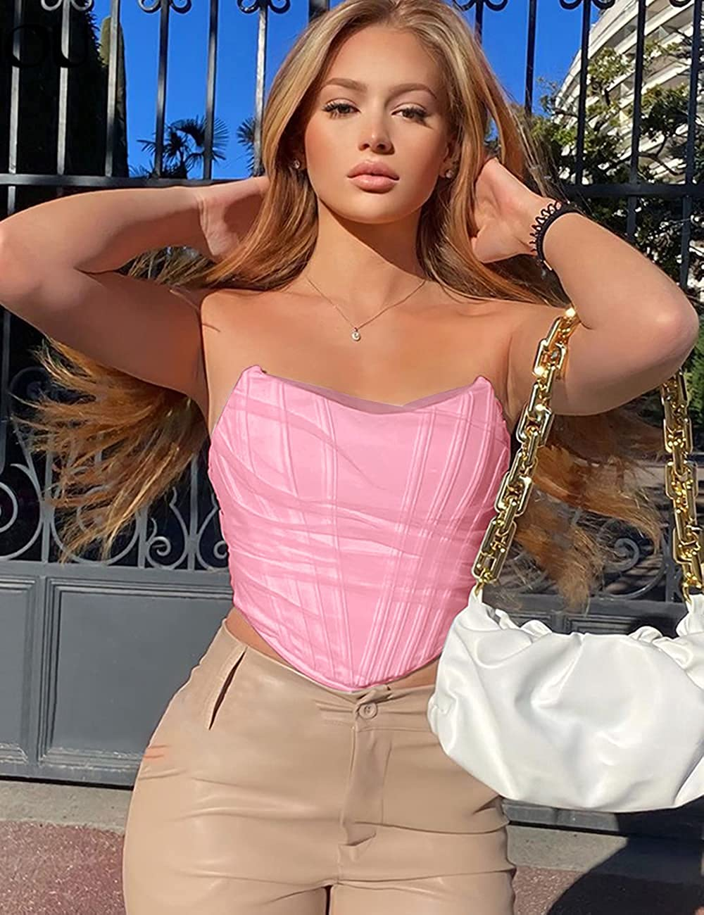 L'VOW Women'S Sexy Mesh Corset Crop Top Push up Strapless Open Back Boned Bustier Apparel & Accessories > Clothing > Underwear & Socks > Lingerie L'VOW