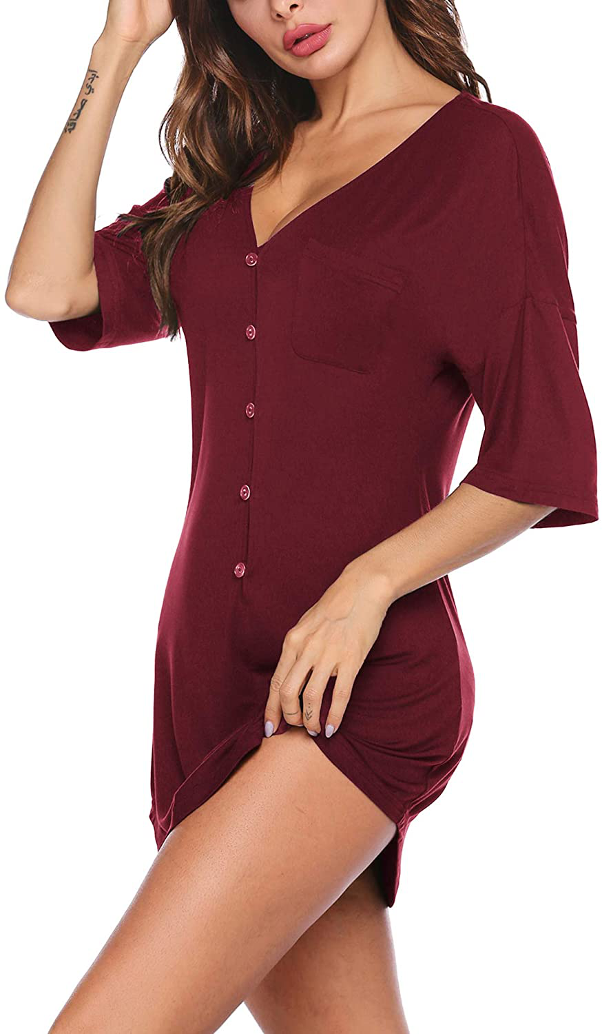 Ekouaer Nightgown Button down Nightshirt Short V Neck Night Shirts Womens Boyfriend Sexy Sleepwear S-XXL Apparel & Accessories > Clothing > Sleepwear & Loungewear > Nightgowns Kylie Max