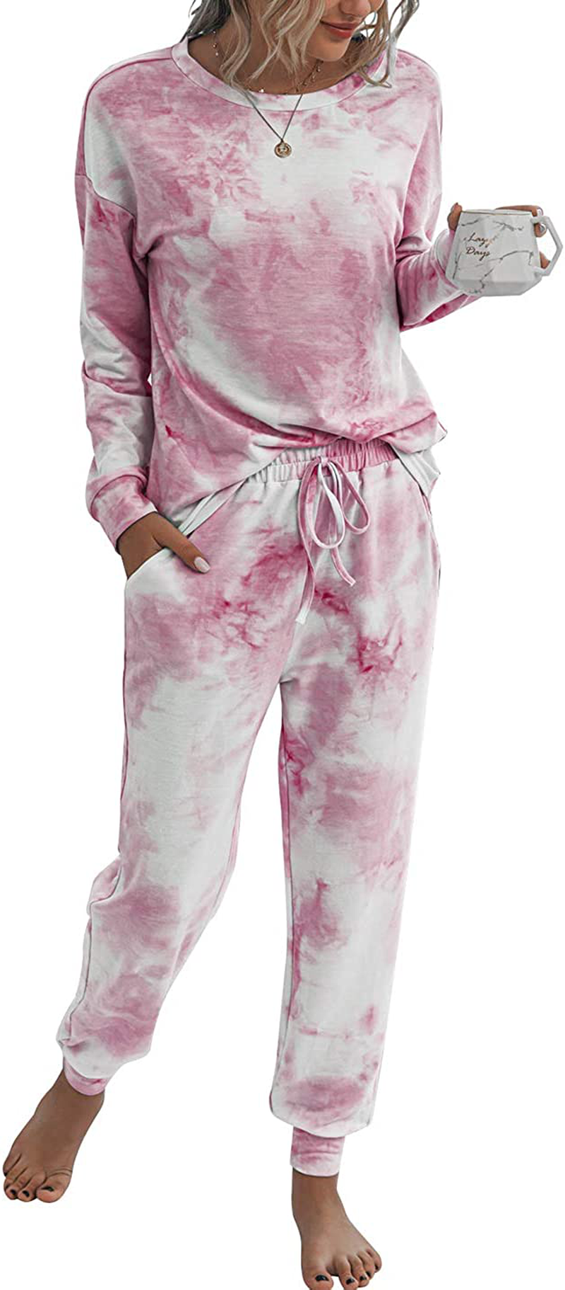 PRETTYGARDEN Women’s Tie Dye Two Piece Pajamas Set Long Sleeve Sweatshirt with Long Pants Sleepwear Apparel & Accessories > Clothing > Sleepwear & Loungewear > Pajamas PRETTYGARDEN Pink Small