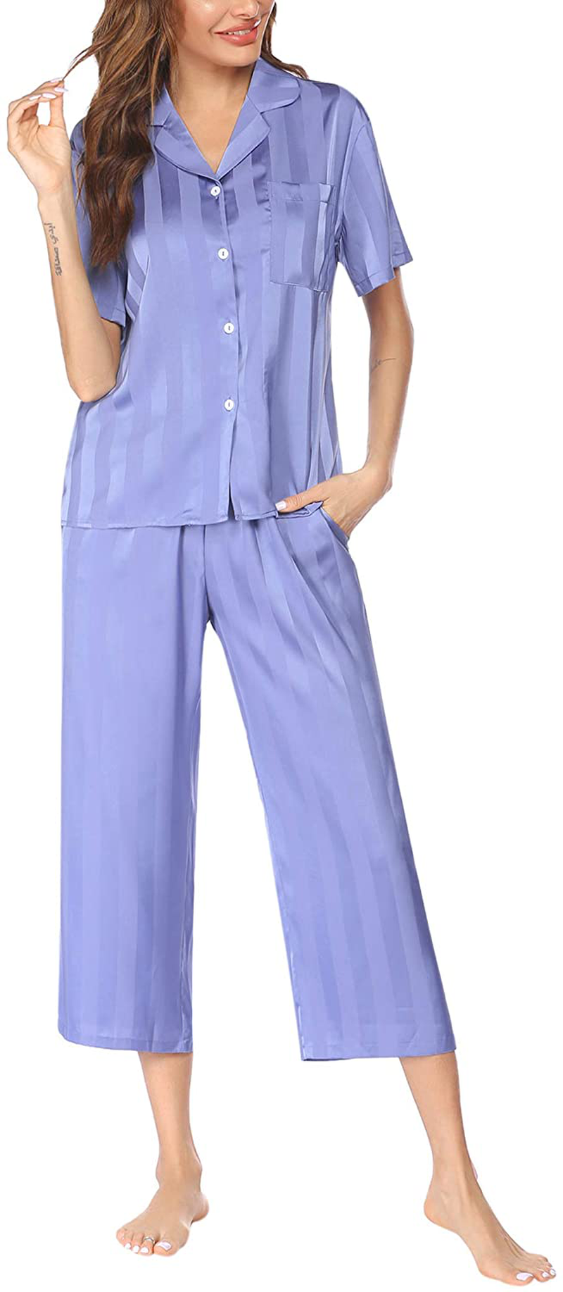 Ekouaer Women Silk Satin Pajamas Button down Lounge Sets Short Sleeve Sleepwear Apparel & Accessories > Clothing > Sleepwear & Loungewear > Pajamas Kylie Max