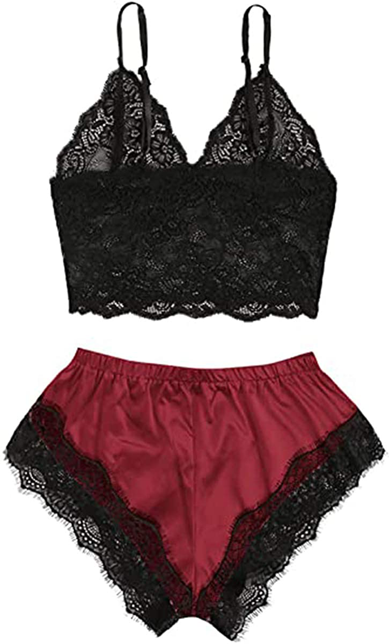 Roselux Women Sexy Lace Lingerie Pajama Set Lace Cami Top with Panties Sleepwear 2 Piece Outfits Nightwear Apparel & Accessories > Clothing > Sleepwear & Loungewear Kylie Max