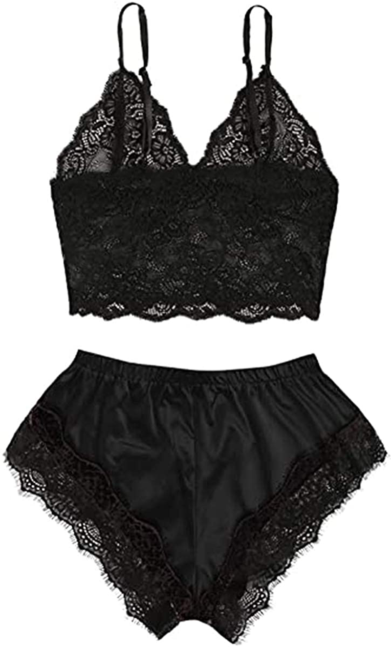 Roselux Women Sexy Lace Lingerie Pajama Set Lace Cami Top with Panties Sleepwear 2 Piece Outfits Nightwear Apparel & Accessories > Clothing > Sleepwear & Loungewear Kylie Max