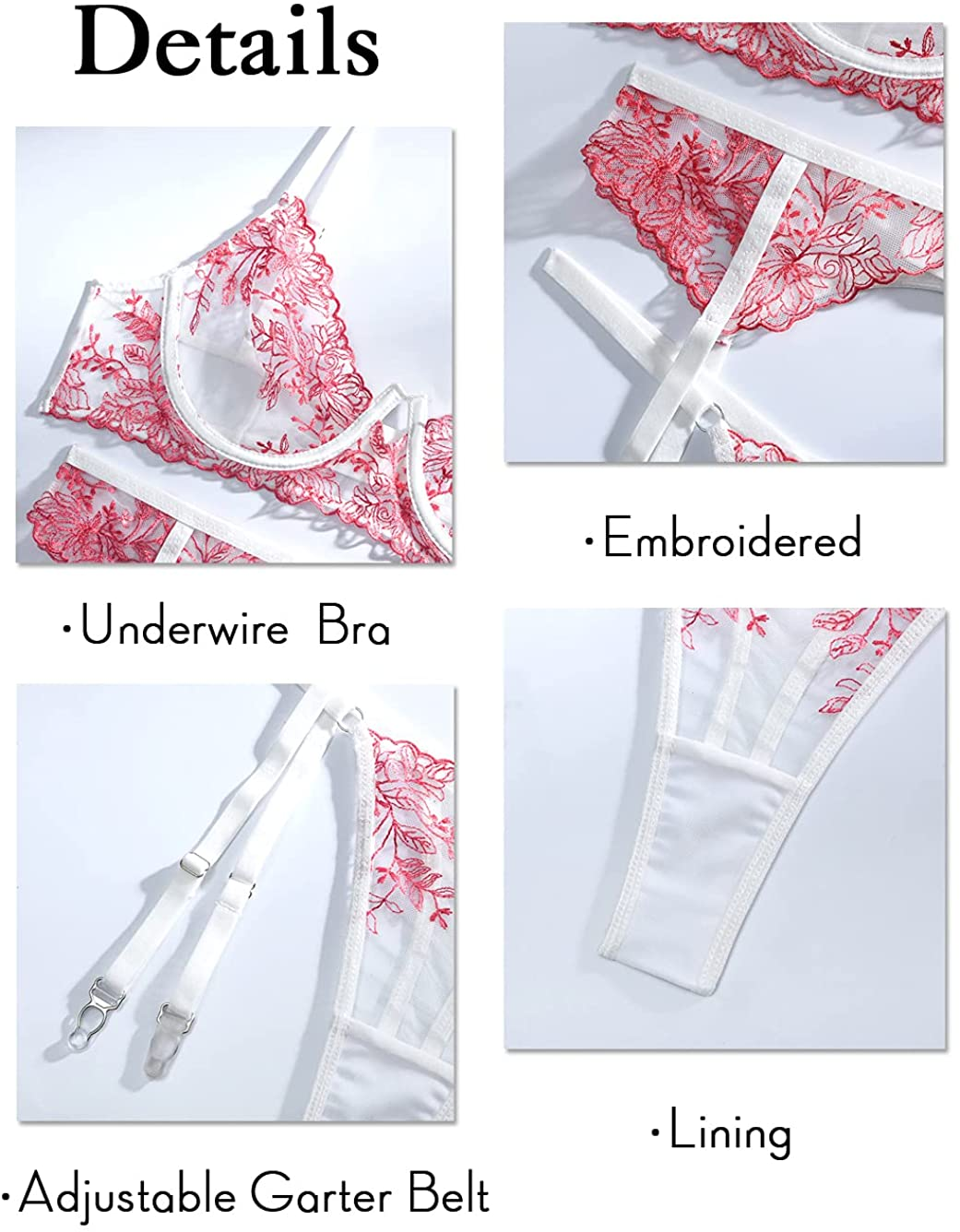 Kaei&Shi Garter Lingerie for Women,Embroidered Sexy Lingerie,Underwire Matching 3 Piece Lingerie Set Apparel & Accessories > Clothing > Underwear & Socks > Lingerie Kaei&Shi