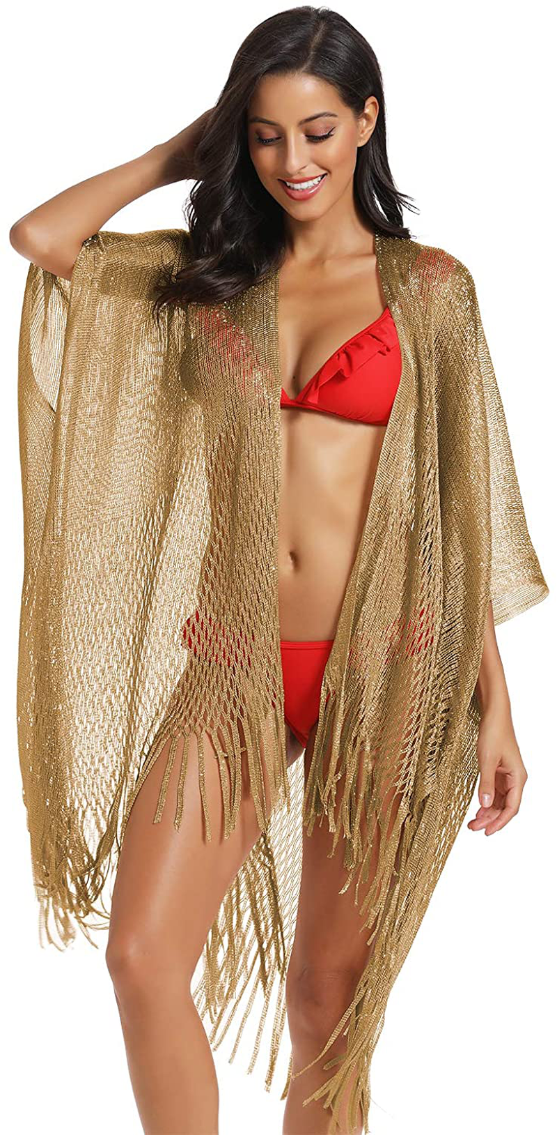 Metallic Sparkly Kimono Cardigan Swimsuit Beach Bikini Cover Ups Open Front Casual Blouse Tops Apparel & Accessories > Clothing > Swimwear Kylie Max