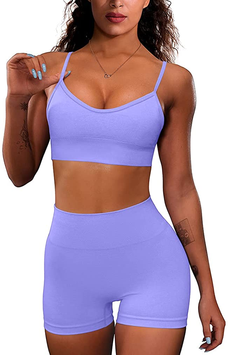 OQQ Yoga Outfit for Women Seamless 2 Piece Workout Gym High Waist Leggings with Sport Bra Set Apparel & Accessories > Clothing > Underwear & Socks > Lingerie HZSN A: Lavender Purple Medium