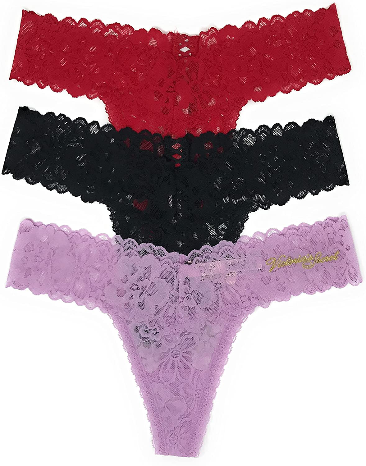Victoria's Secret The Lacie Thong Panty Set of 3 Apparel & Accessories > Clothing > Underwear & Socks > Underwear Victoria's Secret Red Cross / Black Cross / Lilac Logo Medium