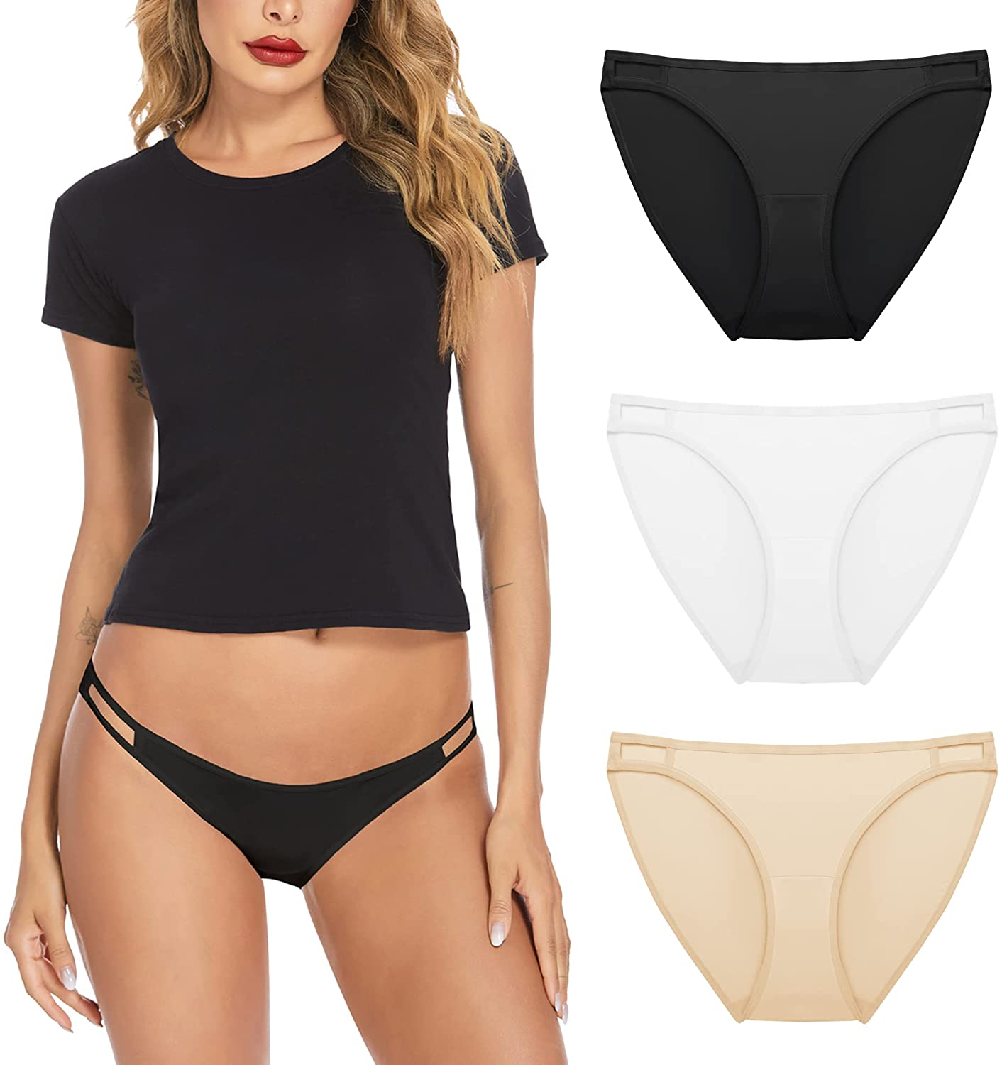 Ekouaer Sexy Ice Silk Bikini Underwear Panty Womens Seamless String Briefs Soft Stretch Breathable Invisible Panty 3 Pack Apparel & Accessories > Clothing > Underwear & Socks > Underwear Ekouaer Black/White/Beige(3 Pack) Small