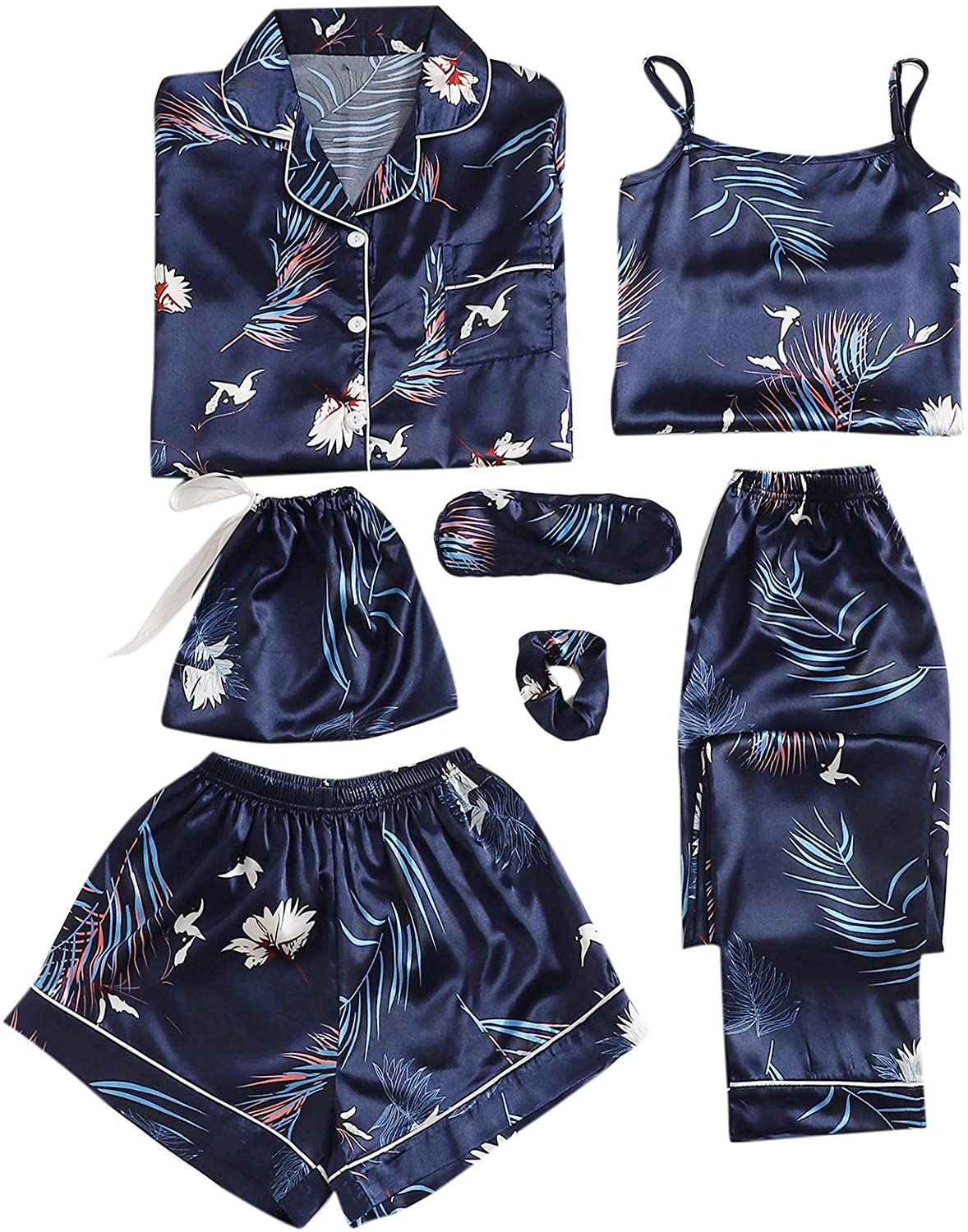 Shein Women'S plus Size Sleepwear 7Pcs Satin Pajama Sets Cami Shorts Loungewear Apparel & Accessories > Clothing > Sleepwear & Loungewear Kylie Max