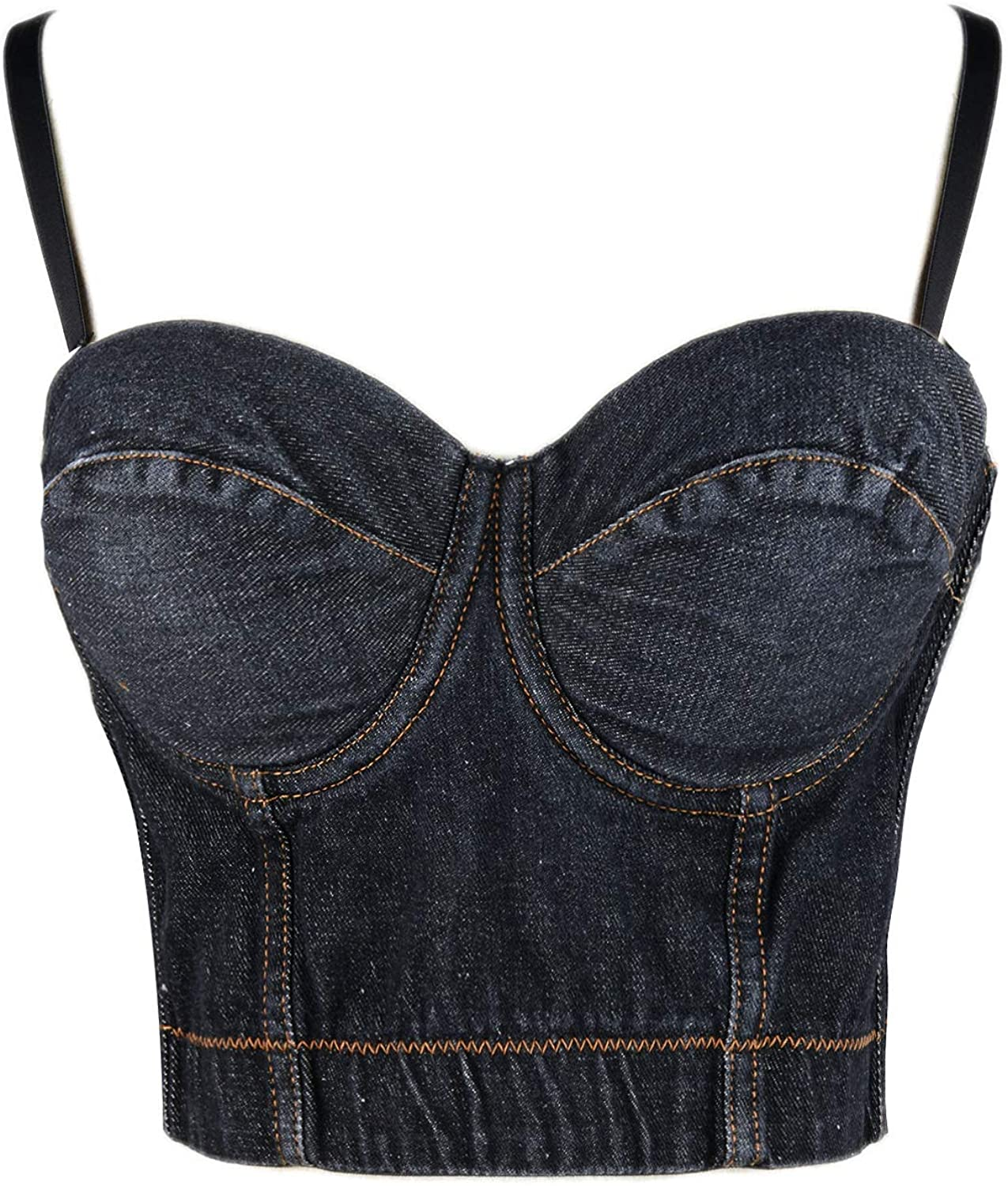 ELLACCI Women'S Denim Bustier Crop Top Jean Corset Top Bra with Detachable Straps Apparel & Accessories > Clothing > Underwear & Socks > Lingerie ELLACCI