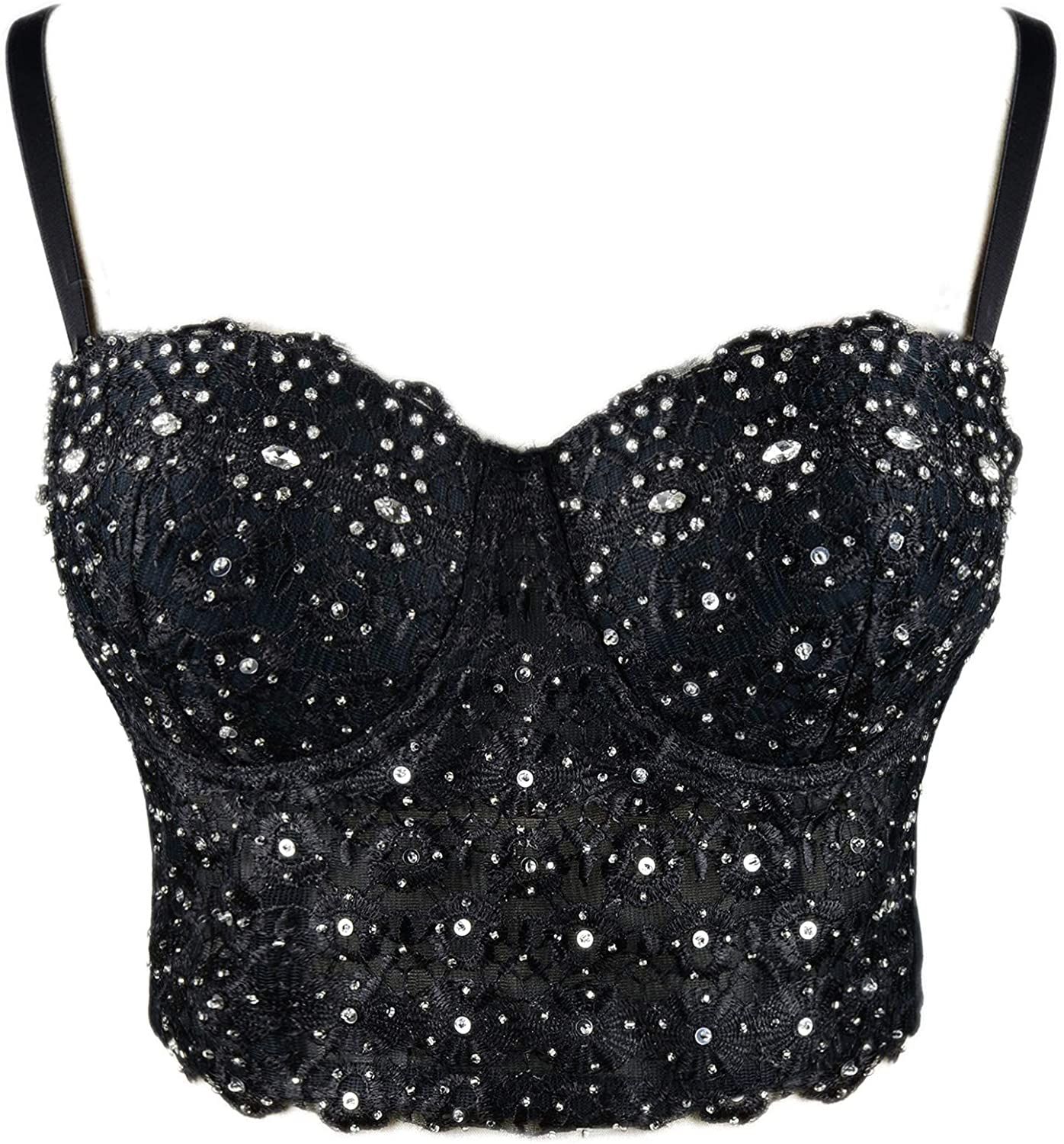 ELLACCI Women'S Natural Reigning Lace Rhinestone Bustier Crop Top Sexy Mesh Corset Top Bra Black Apparel & Accessories > Clothing > Underwear & Socks > Lingerie ELLACCI