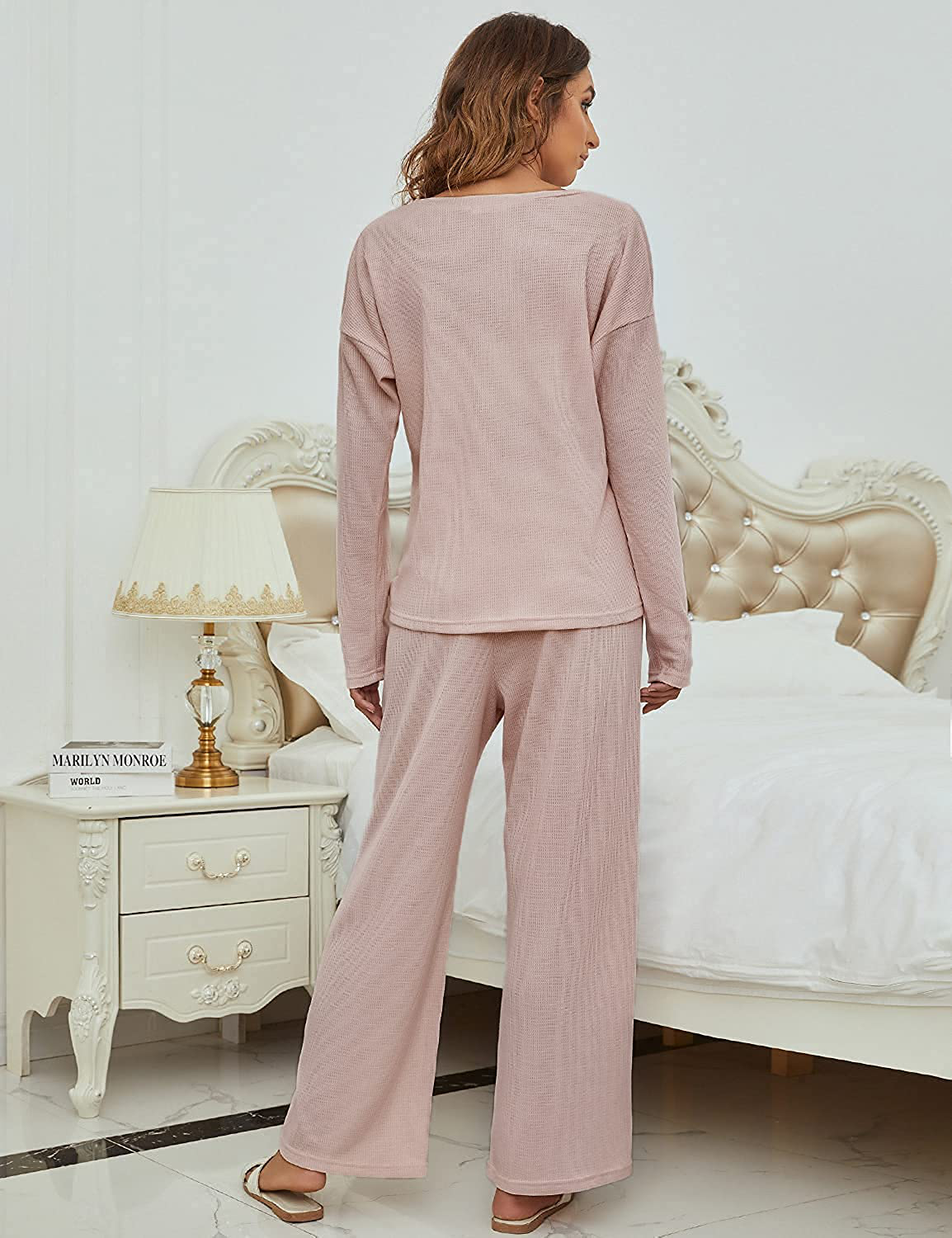 Blooming Jelly Womens Waffle Lounge Set Long Sleeve Shirt with Pockets Palazzo Pants Two Piece Outfits Apparel & Accessories > Clothing > Sleepwear & Loungewear > Pajamas Blooming Jelly