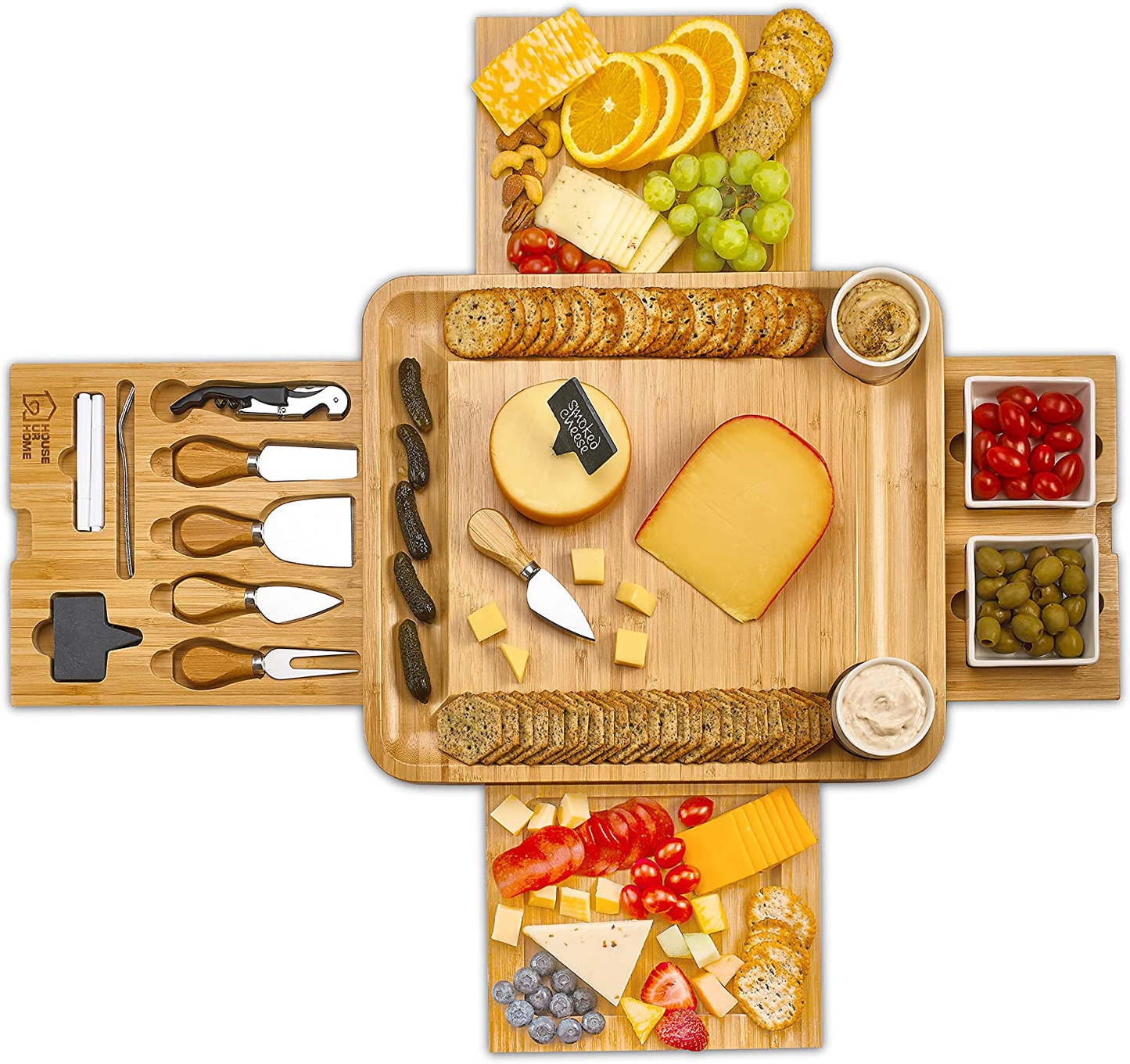 Cheese Board 2 Ceramic Bowls 2 Serving Plates. Magnetic 4 Drawers Bamboo Charcuterie Cutlery Knife Set, 2 Server Forks, Wine Opener, Labels, Markers, Gift for Birthdays, Wedding Registry,Housewarming Arts & Entertainment > Party & Celebration > Gift Giving House Ur Home