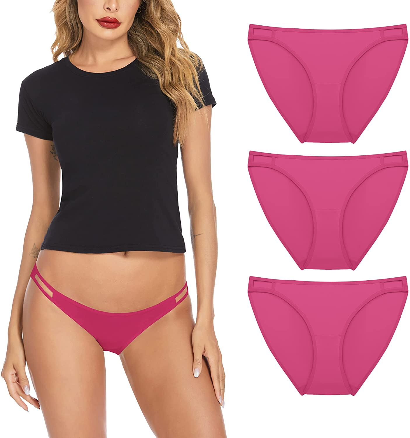 Ekouaer Sexy Ice Silk Bikini Underwear Panty Womens Seamless String Briefs Soft Stretch Breathable Invisible Panty 3 Pack Apparel & Accessories > Clothing > Underwear & Socks > Underwear Ekouaer 3 Pack-rose Red Small